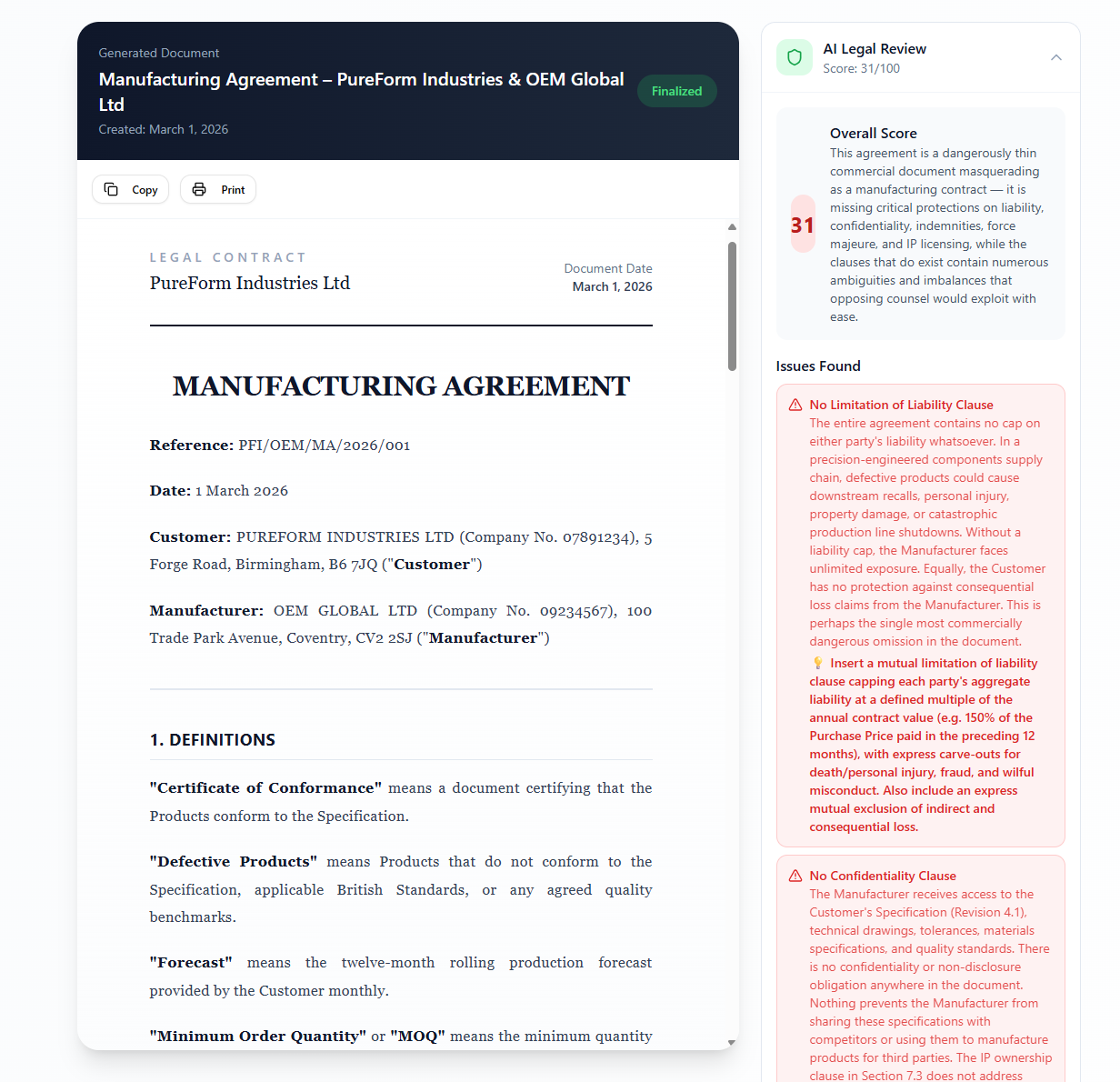 A generated manufacturing agreement alongside a Legalfy.io AI legal review scoring it 31 out of 100 and flagging missing liability and confidentiality clauses