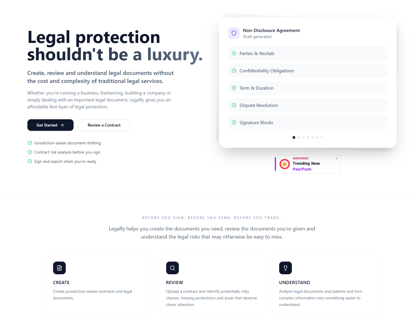 Legalfy.io homepage with a completed NDA draft checklist covering parties, confidentiality obligations, term, dispute resolution and signature blocks