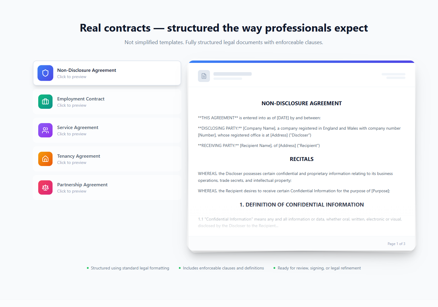 Legalfy.io real contract templates — non-disclosure agreement, employment contract, service agreement, tenancy agreement and partnership agreement — with a full NDA preview